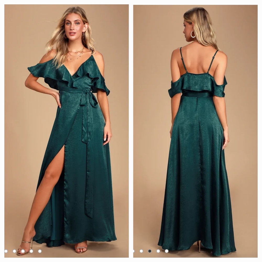 Lulus "Moriah Emerald Green Satin Wrap Maxi Dress"